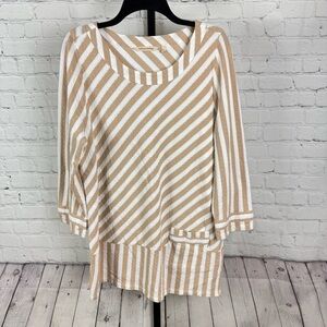 Soft Surroundings Glorieta Top White and Beige Stripe Round Neck Large